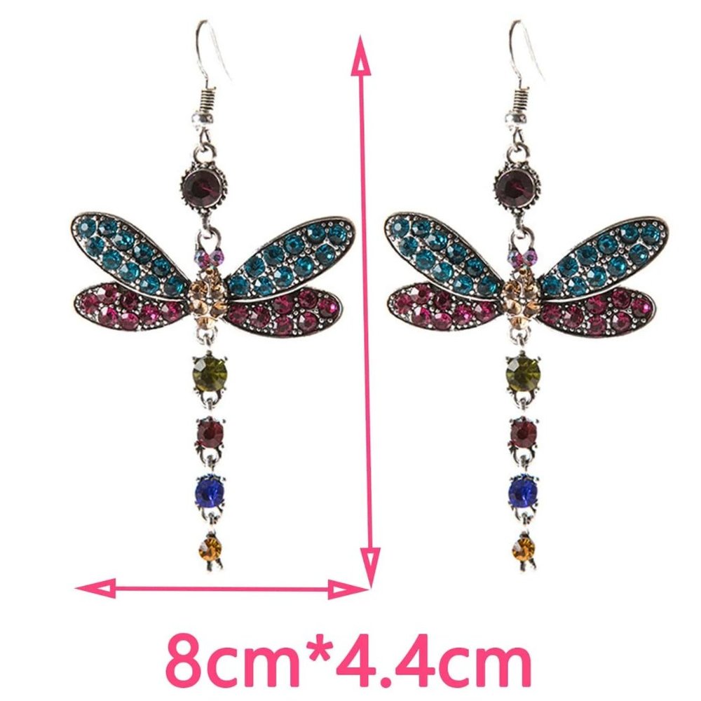 Earrings Dragonfly Rhinestone Drop Large Amazing Colors & Sparkle Pierced New - Picture 3 of 3